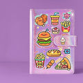 Purple Cartoon Fast Food Pattern Notebook, Cute Snack Sticker Print Lined Journal Notebook