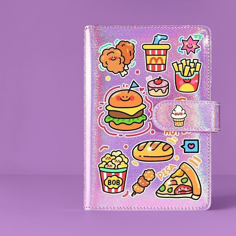 Purple Cartoon Fast Food Pattern Notebook, Cute Snack Sticker Print Lined Journal Notebook